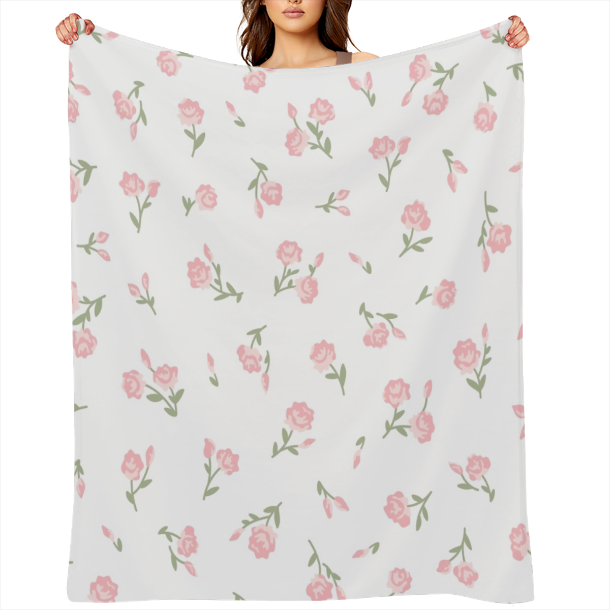 Cute Pink Small Piones Flowers Green Blanket Gifts, 280GSM Warmth Soft Flannel Blankets for Gilrs, Birthday Gifts for Her, Love Cute Pink Small Piones Flowers Green Throw Blankets Gifts for Him, Best