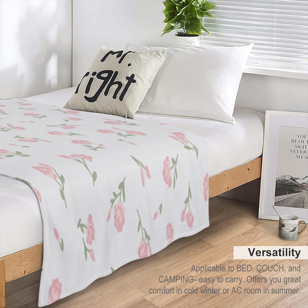Cute Pink Small Piones Flowers Green Blanket Gifts, 280GSM Warmth Soft Flannel Blankets for Gilrs, Birthday Gifts for Her, Love Cute Pink Small Piones Flowers Green Throw Blankets Gifts for Him, Best