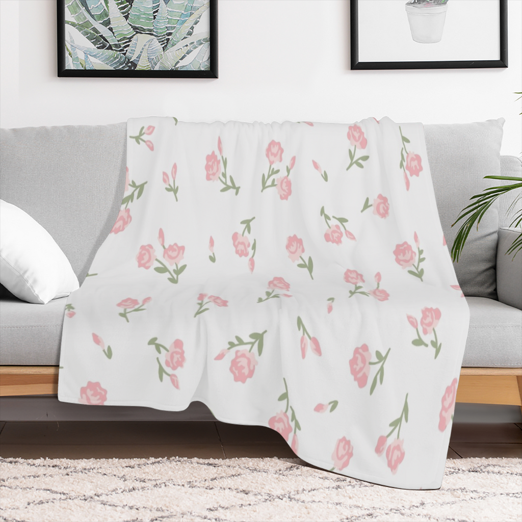 Cute Pink Small Piones Flowers Green Blanket Gifts, 280GSM Warmth Soft Flannel Blankets for Gilrs, Birthday Gifts for Her, Love Cute Pink Small Piones Flowers Green Throw Blankets Gifts for Him, Best