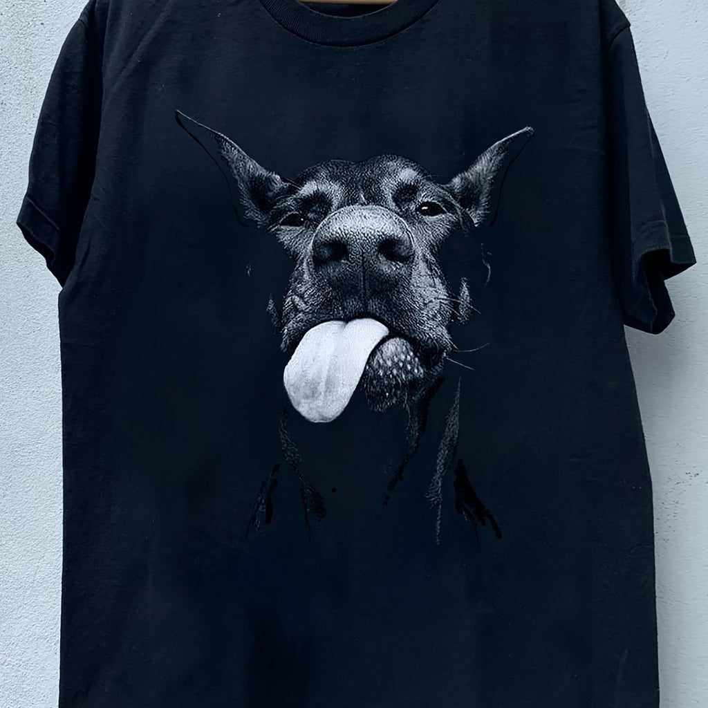 T-Shirt Streetwear Homme Noir avec Impression Visage de Chien Cool et Langue Sortie - Coupe Ample Respirant pour l'Été, T-Shirt Décontracté Col Rond pour Tenue Casual, Lavable en Machine Toutes Saisons