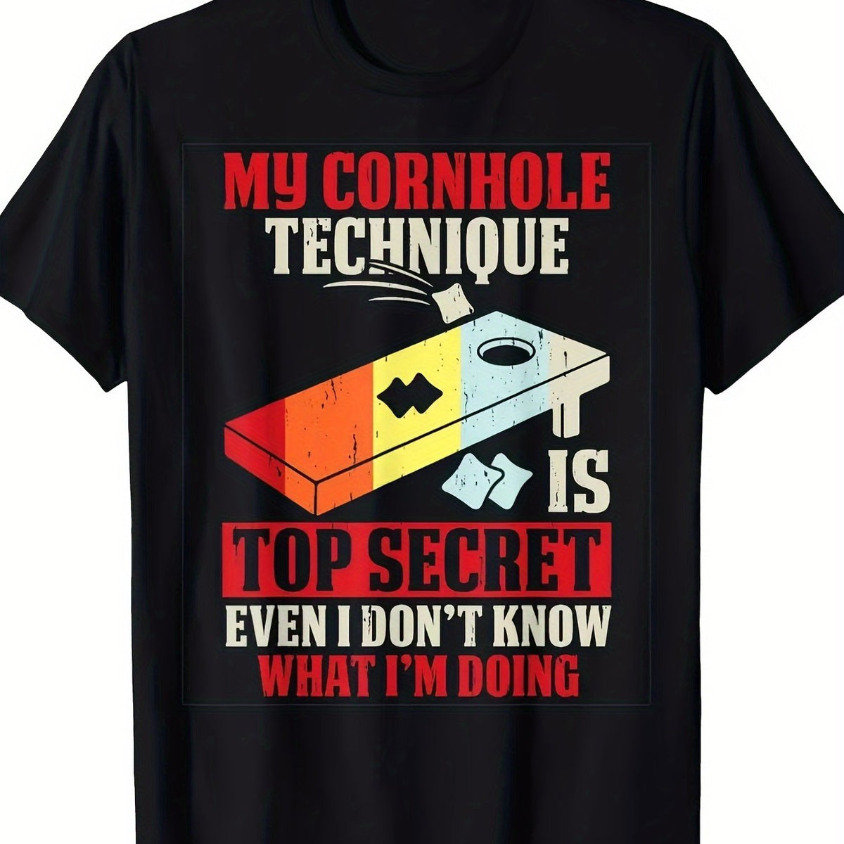 Men's Funny Cornhole Game T-Shirt - Heavyweight 100% Cotton Black Tee with Cornhole Board & Bean Bag Design, "My Cornhole Technique" Slogan - Casual Short Sleeve Shirt for Tailgating, Parties, Cornhole Tournaments - Novelty Graphic Tee