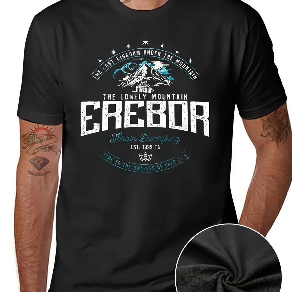 T-shirt graphique Erebor pour homme, 220 gsm, manches courtes, style bohème noir, avec le design de la montagne isolée et Est 55 7 mètres, confort toutes saisons, lavable en machine, tailles plus disponibles, PLUS SIZE