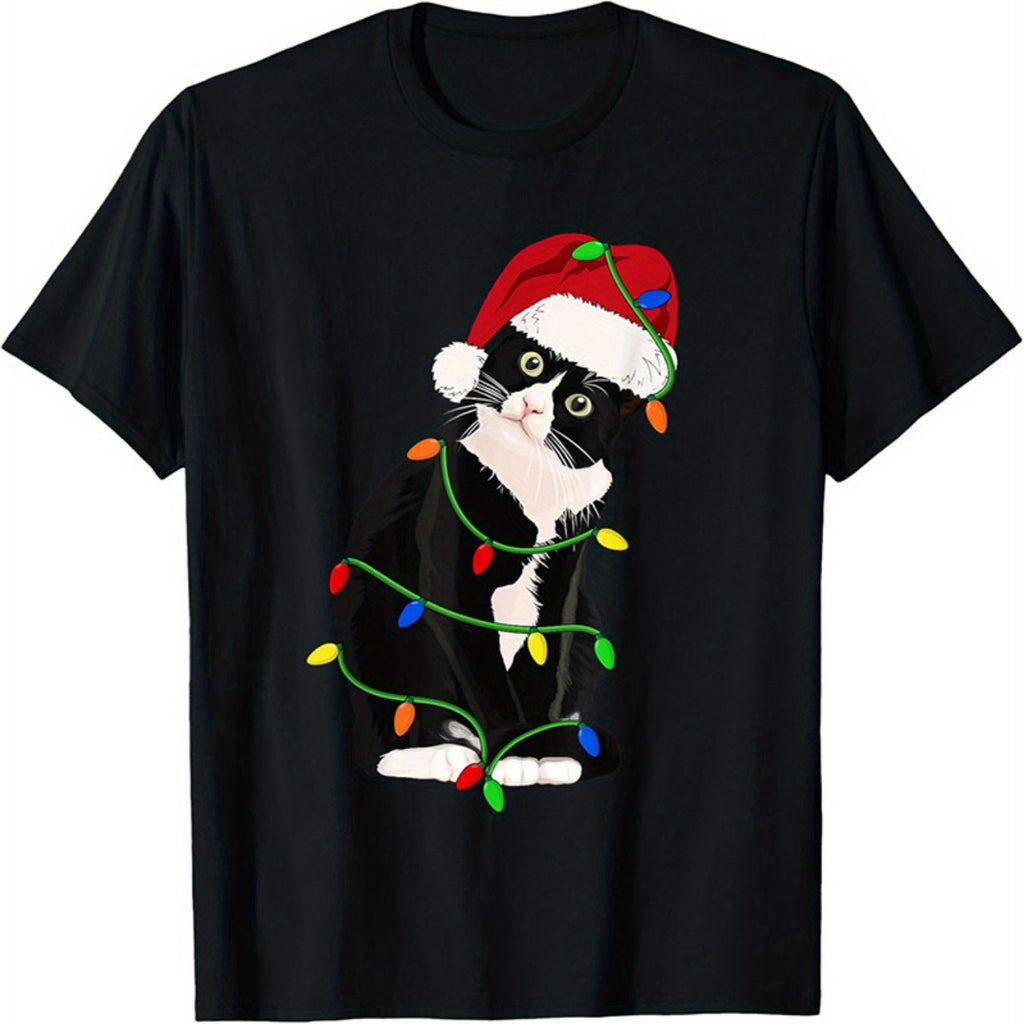 Men's Graphic T-Shirt, Humorous Vintage Christmas T-Shirt, Suit Cat Meow Christmas Suit Vintage Graphic T-Shirt with Christmas Hat and Flashing Lights, Soft and Breathable Short Sleeve Crew Neck, Suitable for Adults All-Season Casual Wear, Lively Ca