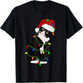 Men's Graphic T-Shirt, Humorous Vintage Christmas T-Shirt, Suit Cat Meow Christmas Suit Vintage Graphic T-Shirt with Christmas Hat and Flashing Lights, Soft and Breathable Short Sleeve Crew Neck, Suitable for Adults All-Season Casual Wear, Lively Ca