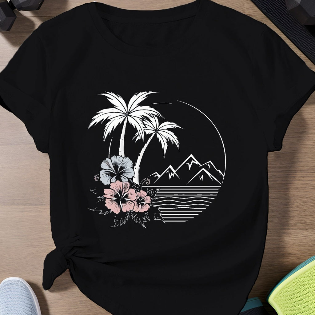 Chemise Femme Col Rond - Haut Tropical Plage Palmiers Noir - T-Shirt Léger pour l'Été, Lavable en Machine, Tenue Décontractée pour Vacances, Gym ou Voyage, Manches Courtes, Coupe Confortable