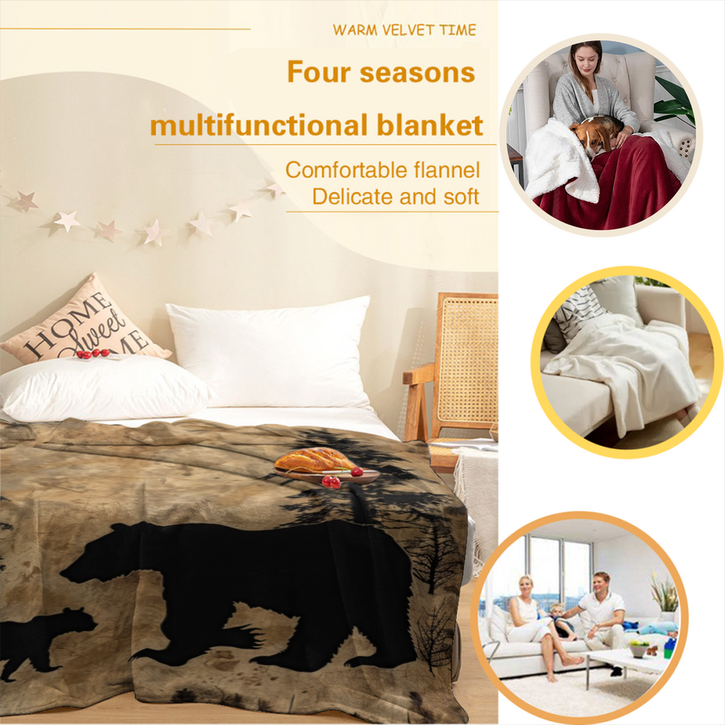 Minimalist Vintage Cabin Black Bear Blanket Gifts for Adults, Rustic Watercolor 70s Spring Forest Animal BearThrow Blanket for Family, Colorful Soft Fuzzy Blankets for Couch, Sofa Bed-280GSM