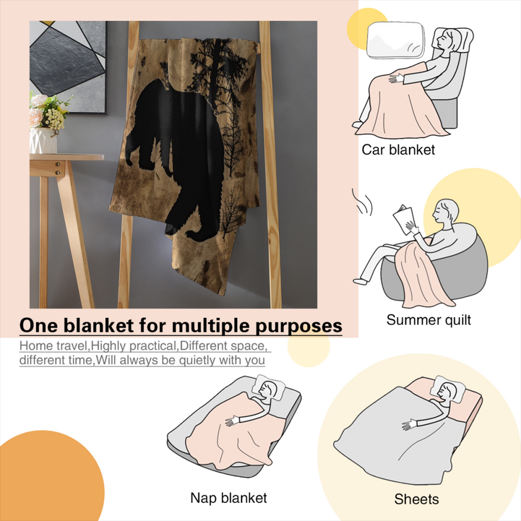 Minimalist Vintage Cabin Black Bear Blanket Gifts for Adults, Rustic Watercolor 70s Spring Forest Animal BearThrow Blanket for Family, Colorful Soft Fuzzy Blankets for Couch, Sofa Bed-280GSM