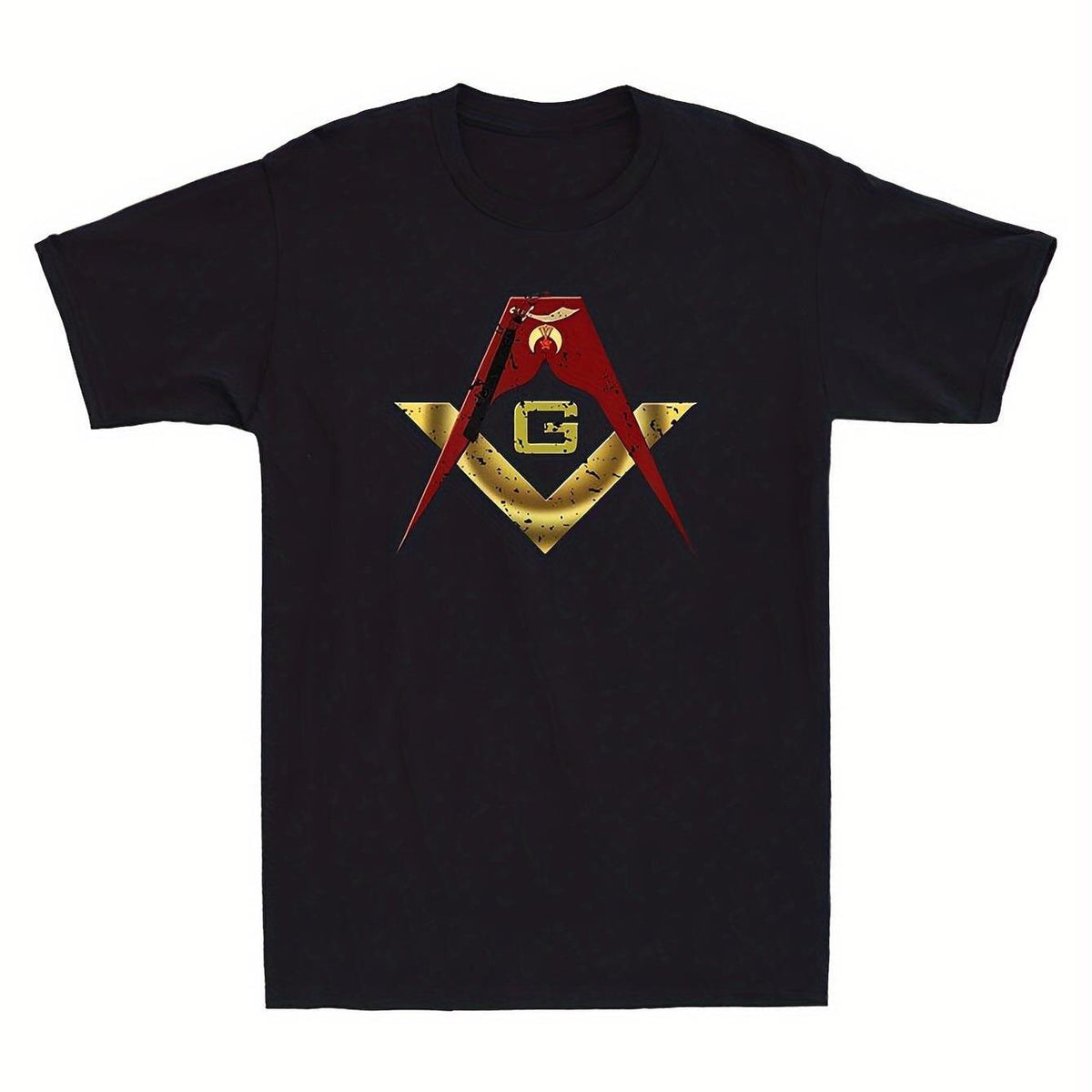 1pc Vintage Masonic Shriner Graphic Logo T-Shirt for Men - 100% Cotton 220gsm Regular Fit Short Sleeve Round Neck Casual Tee with Golden & Red Emblem Print, Machine Washable, All-Season Comfort - Black, Vintage T Shirts, Medium Elasticity Fabric