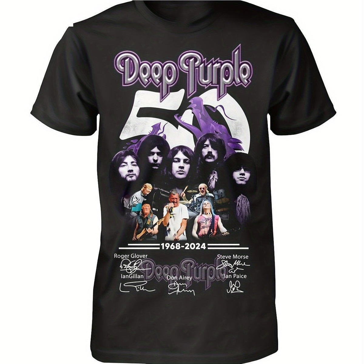 Deep Purple 50. Anniversary ( 19702024) Official Members Signature T- Shirt Black Graphic T- Shirt, Unisex for Concerts and Collectors Size S- 3XL ( Washing Machine) Deep Purple Vintage Rock Merchandise, Classic Round Neckline, Durable Material, High