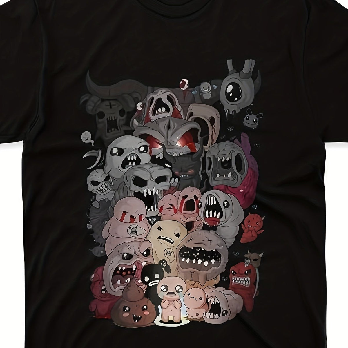 Men'S The Binding of Isaac Fan Art Graphic T-Shirt - 220gsm Heavyweight Retro Gaming Tee with Isaac'S Face & Characters, Casual Loose Fit Short Sleeve Round Neck for Indie Game Fans, Long, Deep Collar Design, Smooth Surface