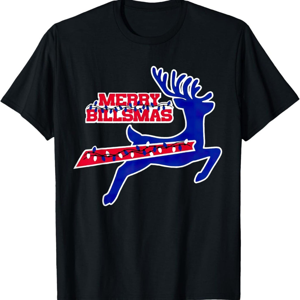 Men'S T-Shirt Featuring a Merry Billsmas Reindeer Design - Made from 100%, This Casual Tee Has a Crew Neck And Short Sleeves. It'S Machine Washable, Comes in Black with Red And Blue Lettering, And Is Available in Sizes 0XL to 3XL