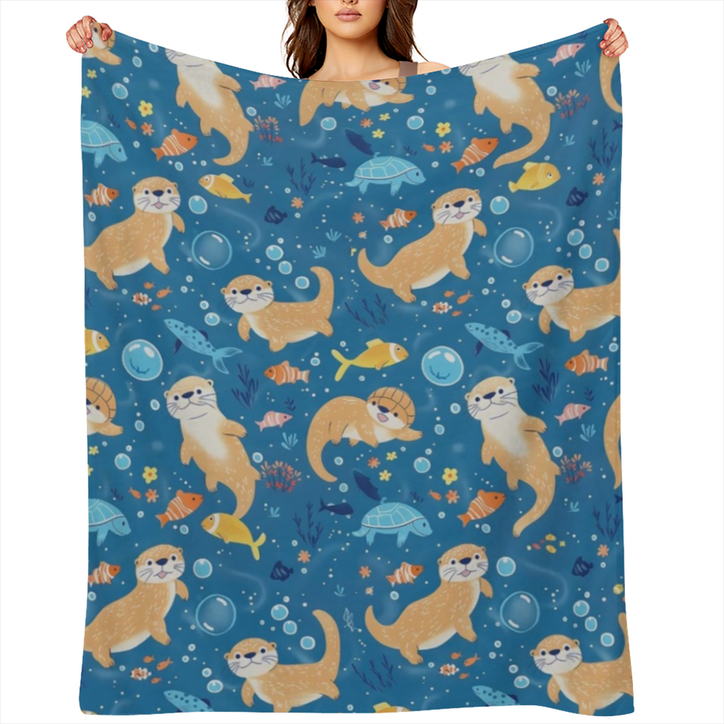 Cute Otter Blanket Sea Life Blue Throw Blankets Women & Marine Life Lovers, Lightweight Soft Fleece Cozy for Sofa Couch Bed Room Ocean- Themed Decor