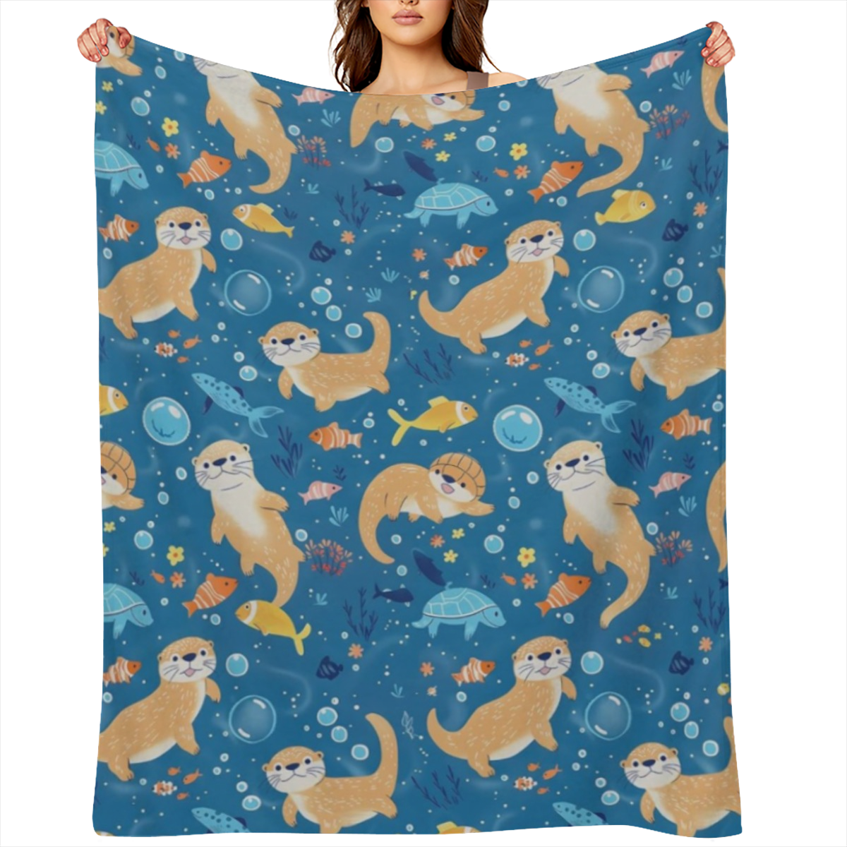 Cute Otter Blanket Sea Life Blue Throw Blankets Women & Marine Life Lovers, Lightweight Soft Fleece Cozy for Sofa Couch Bed Room Ocean- Themed Decor