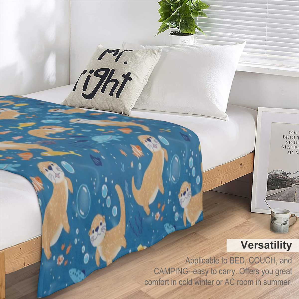 Cute Otter Blanket Sea Life Blue Throw Blankets Women & Marine Life Lovers, Lightweight Soft Fleece Cozy for Sofa Couch Bed Room Ocean- Themed Decor