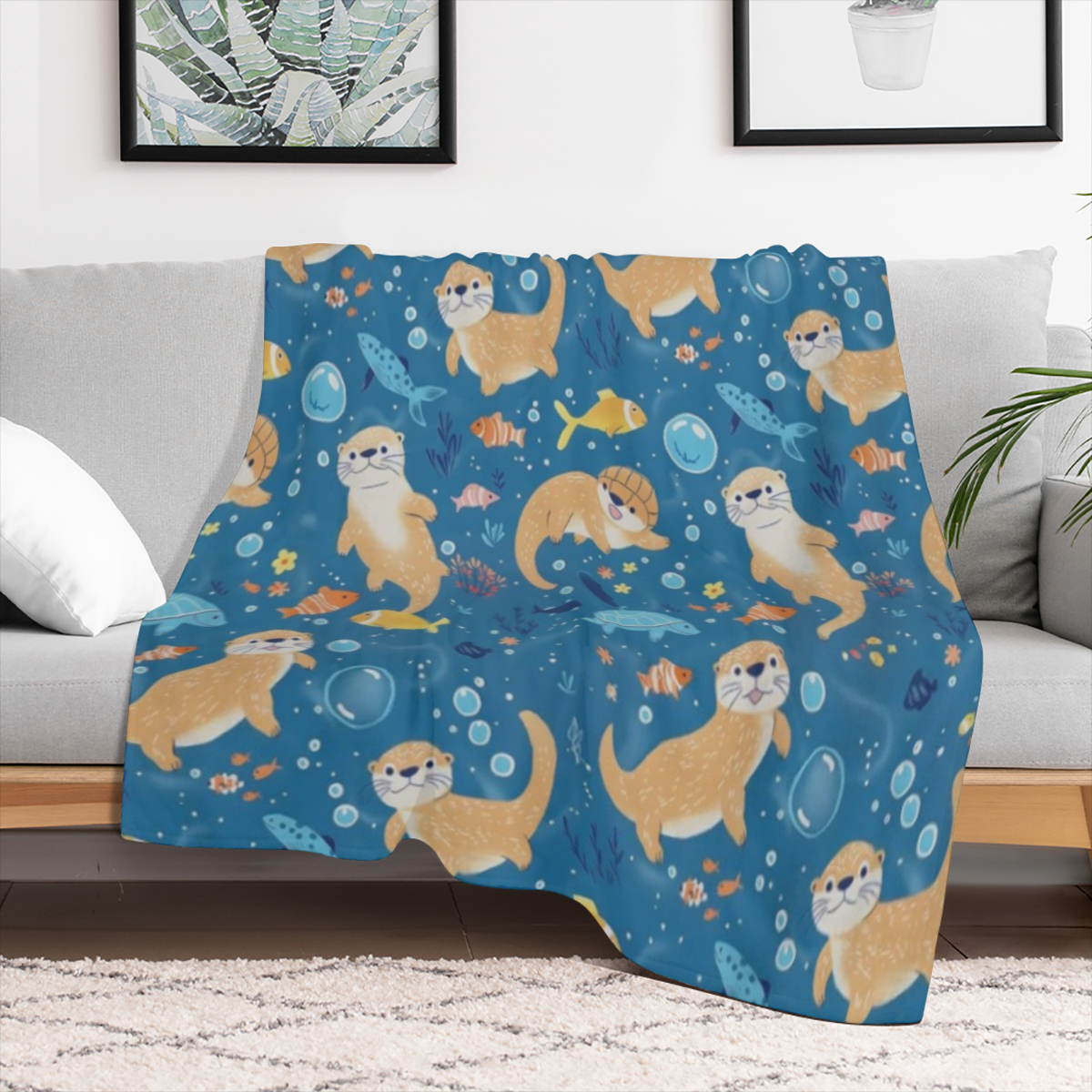 Cute Otter Blanket Sea Life Blue Throw Blankets Women & Marine Life Lovers, Lightweight Soft Fleece Cozy for Sofa Couch Bed Room Ocean- Themed Decor