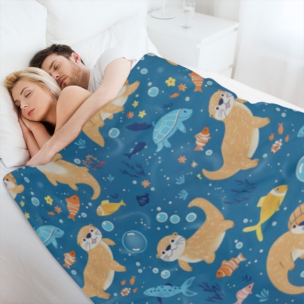 Cute Otter Blanket Sea Life Blue Throw Blankets Women & Marine Life Lovers, Lightweight Soft Fleece Cozy for Sofa Couch Bed Room Ocean- Themed Decor