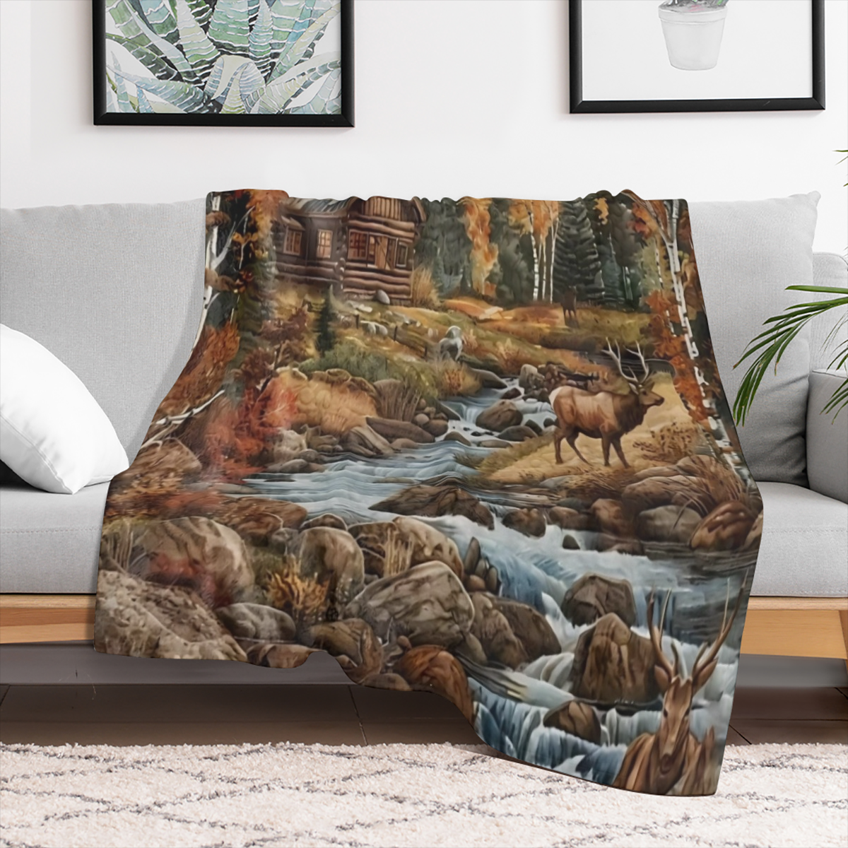 1 blanket, vintage Fall Forest Foothills Elk Log Cabin Stream print blanket, warm and comfortable soft blanket, suitable for sofa bed car office velvet room camping trip, gift blanket for all seasons