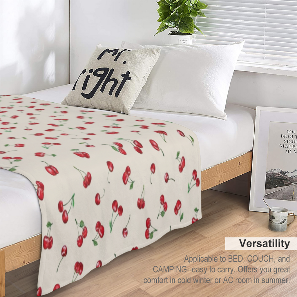 Cherry Series Printed Flannel Blanket - Digital Printing, All- season Multipurpose Sports Style Knit Bedding - Soft and Lightweight Gift, Suitable for Sofa, Travel, Camping, Lunch Break, Home