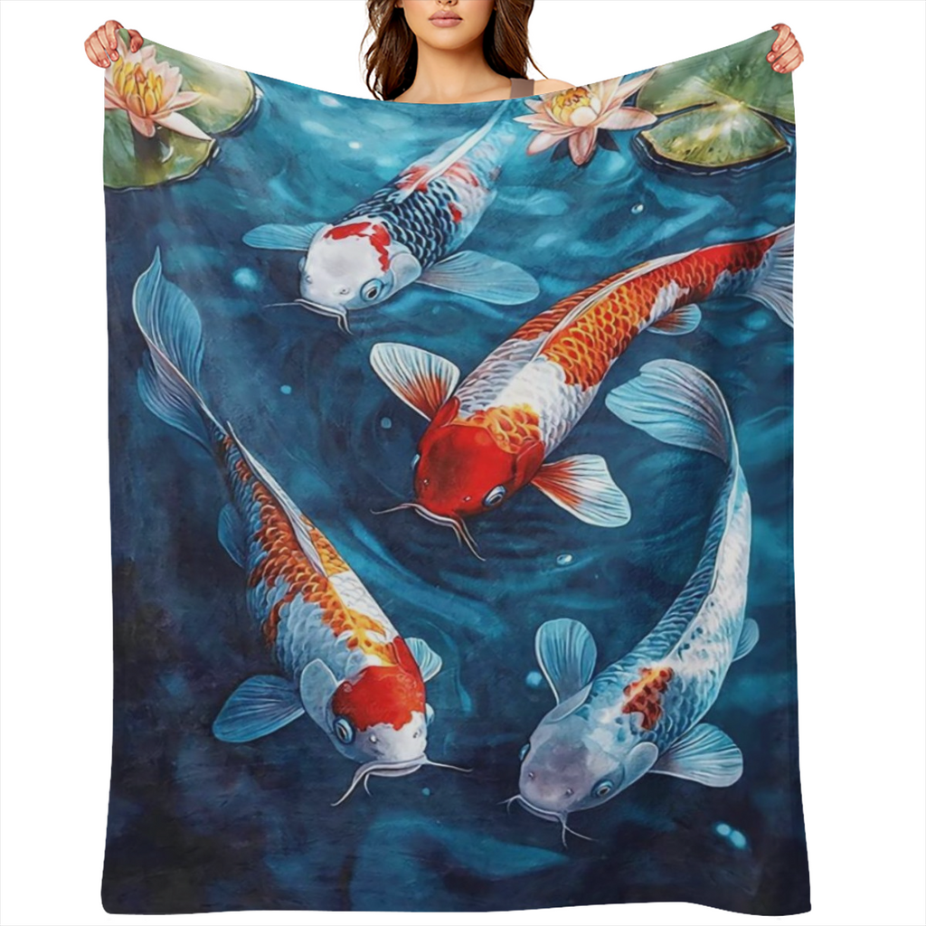 1pc Koi Fish Print Flannel Fleece Throw Blanket, 100 Polyester, Digital Print, Tear Resistant, All Seasons, Contemporary Style, Knit Fabric, 200-250gsm, Perfect Gift for Granddaughter, Daughter, Afric