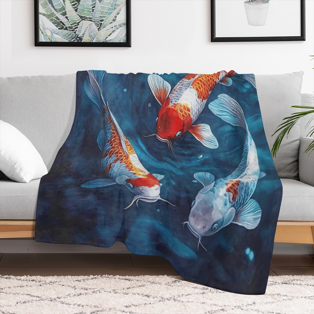 1pc Koi Fish Print Flannel Fleece Throw Blanket, 100 Polyester, Digital Print, Tear Resistant, All Seasons, Contemporary Style, Knit Fabric, 200-250gsm, Perfect Gift for Granddaughter, Daughter, Afric