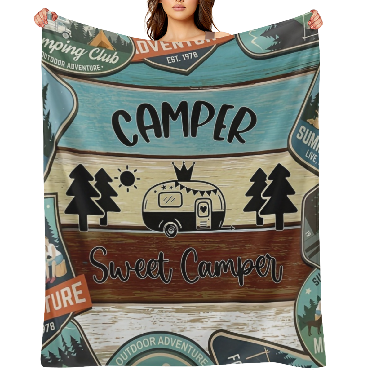 1pc Classic Fashion Blanket, Retro Camping Theme Flannel Blanket, Soft Warm Throw Blanket Nap Blanket For Couch Sofa Office Bed Camping Travel, Multi- purpose Gift Blanket For All Season