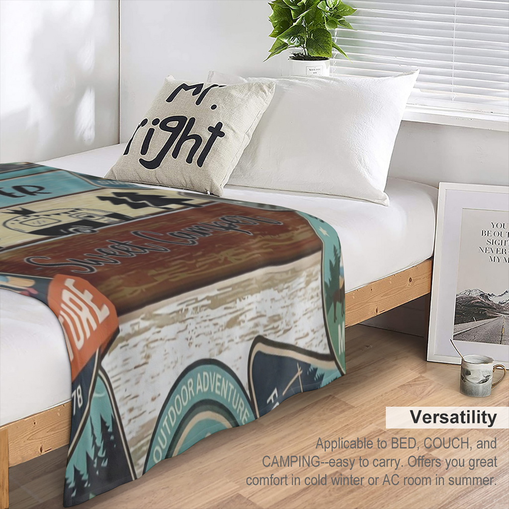 1pc Classic Fashion Blanket, Retro Camping Theme Flannel Blanket, Soft Warm Throw Blanket Nap Blanket For Couch Sofa Office Bed Camping Travel, Multi- purpose Gift Blanket For All Season
