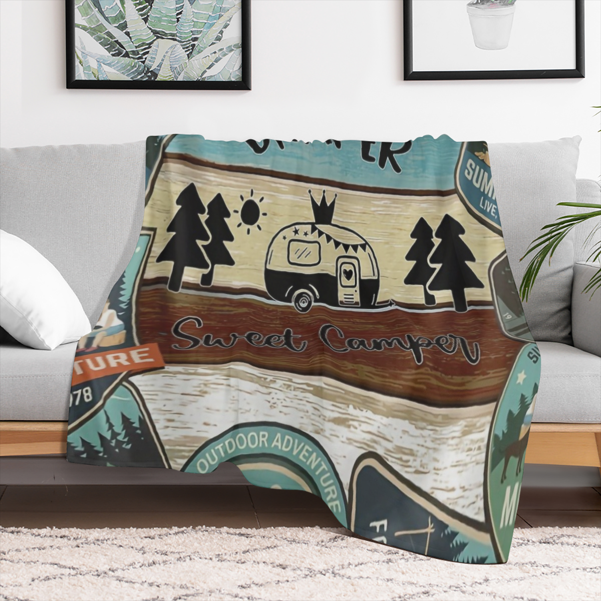 1pc Classic Fashion Blanket, Retro Camping Theme Flannel Blanket, Soft Warm Throw Blanket Nap Blanket For Couch Sofa Office Bed Camping Travel, Multi- purpose Gift Blanket For All Season