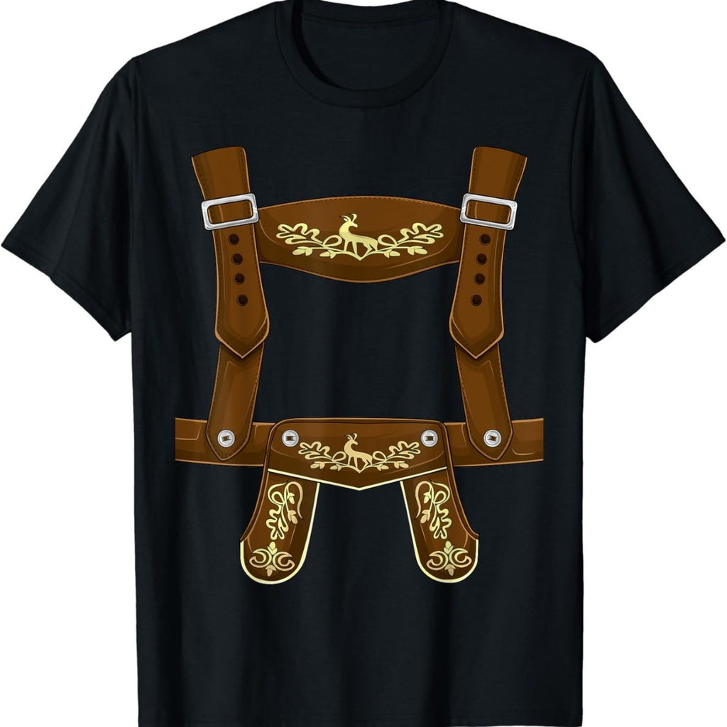 Men'S Bavarian Beer T-Shirt - Munich Oktoberfest Pants Strap Design, Black Casual Weekend Attire with Ornate Belt Pattern, Weekend Casual Wear | Munich Beer Festival Shirt | Decorative Element