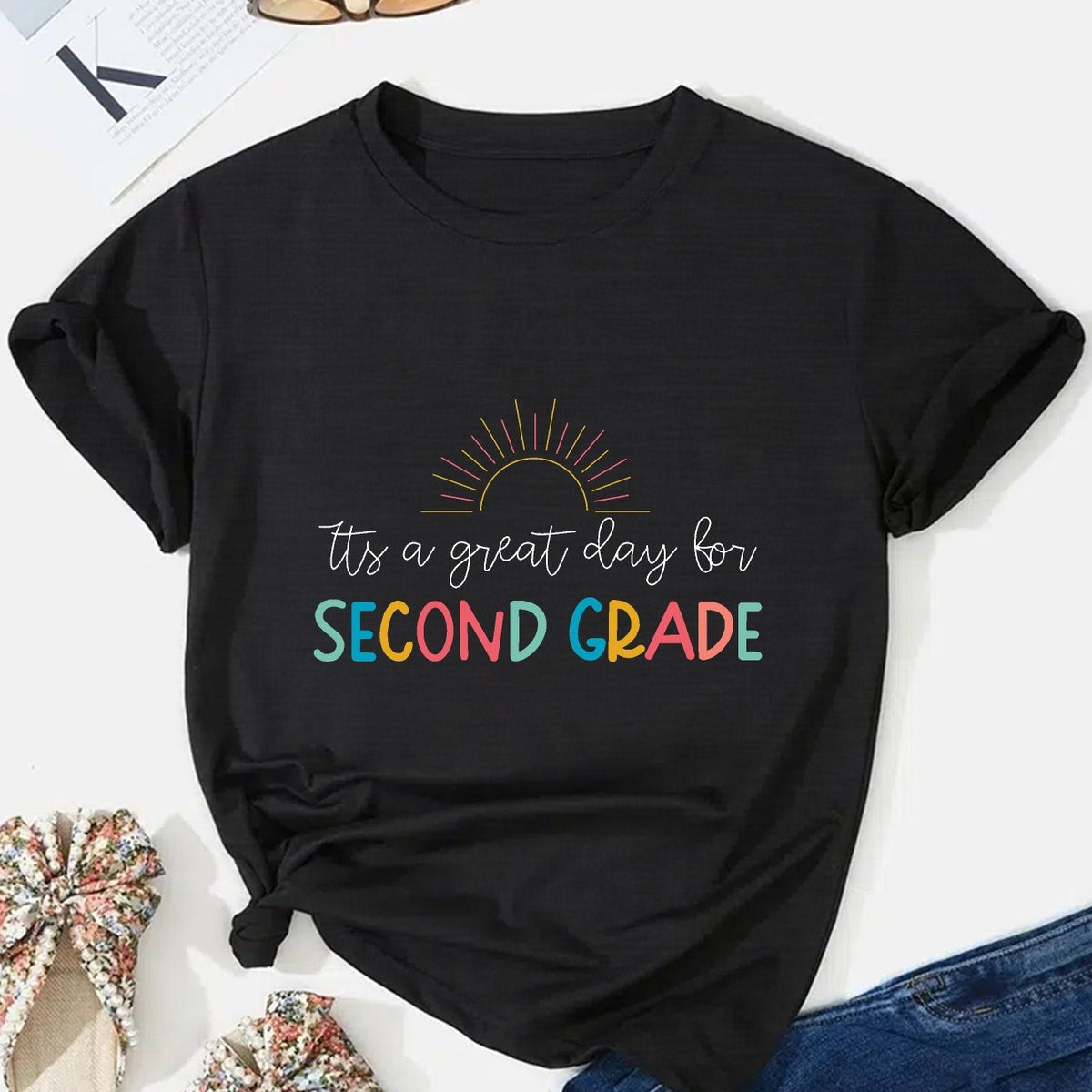 Women'S Summer Casual Crew Neck T-Shirt, Classic Simple, Fashionable Versatile Women'S Clothing, Great Day for Second Grade Tee