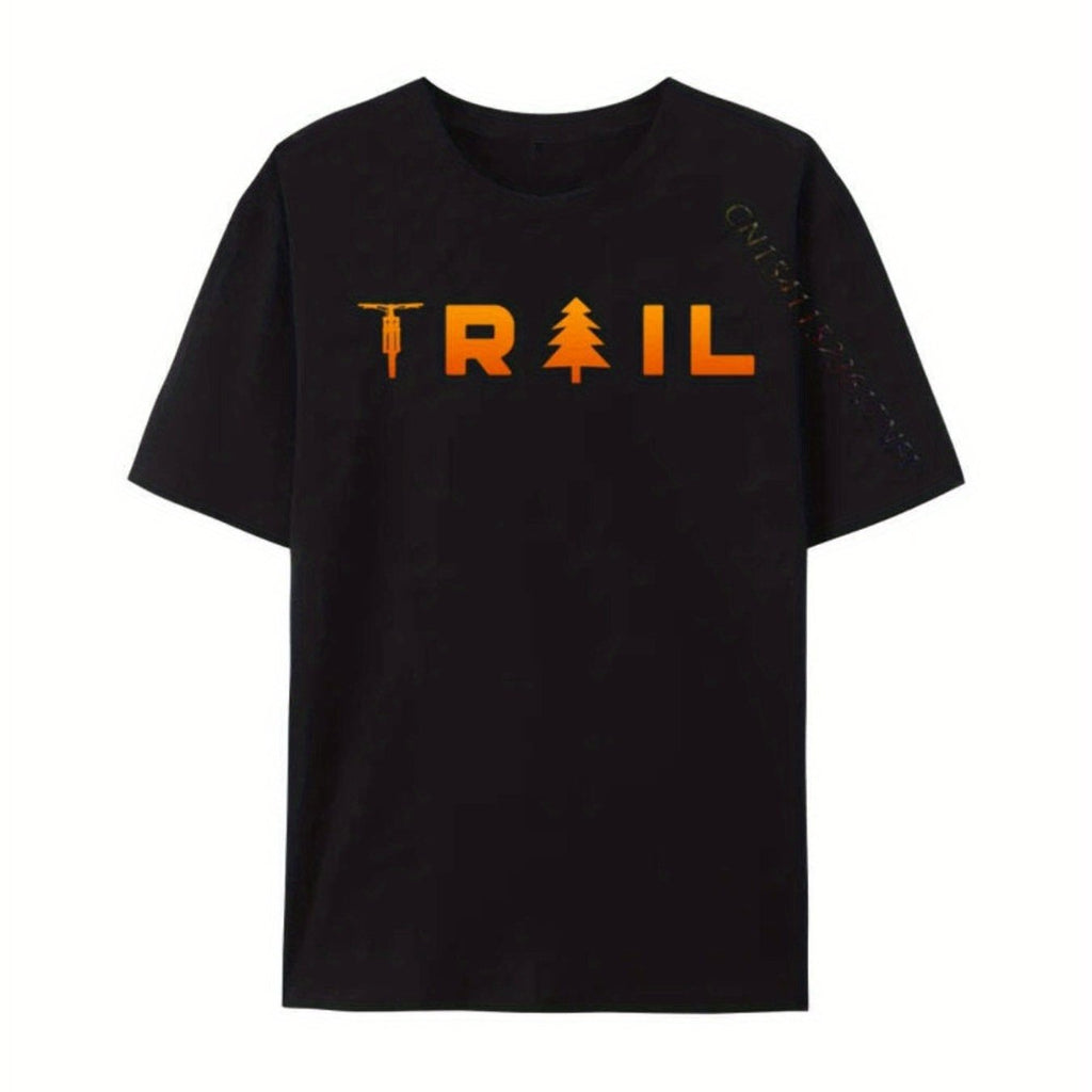 Men's 100% Cotton Trail MTB Mountain Bike T-Shirt - All-Season Quick-Dry Crew Neck Tee with Trail Alphabet & Bike-Themed Applique Logo, Wrinkle-Resistant Casual Outdoor Shirt for, Bike Riding (Black/Orange)