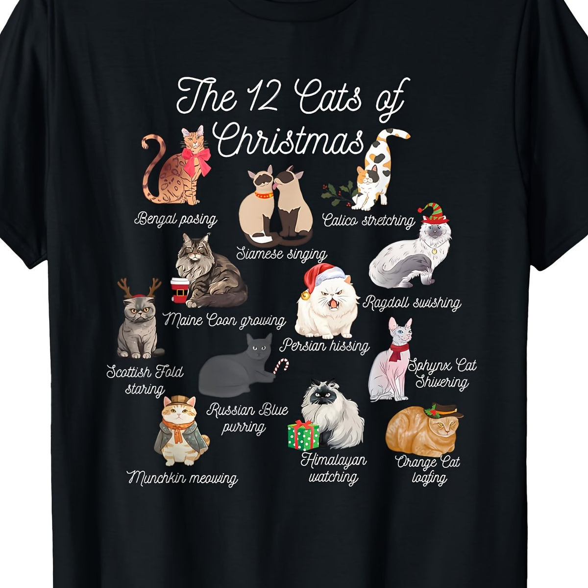Men'S Christmas 12 Cats Graphic T-Shirt - Funny Cat Breeds & Holiday Phrases Design, with Print, Short Sleeve Round Neck Casual Tee for Cat Lovers, All-Season Comfort Fit Plus Size Available