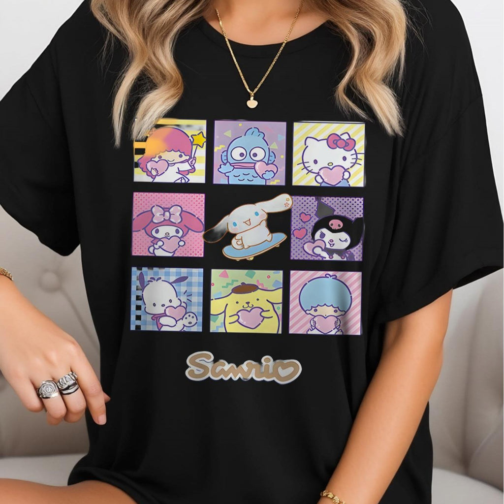 Sanrio for hello kitty Women'S 100% T-Shirt- Cute Plaid Pattern Round Neck Short Sleeve Top, Soft Breathable Fabric, Machine Washable, White& Black Spring Summer Autumn Essential, All-Season Versatile Comfortable Printed Shirt