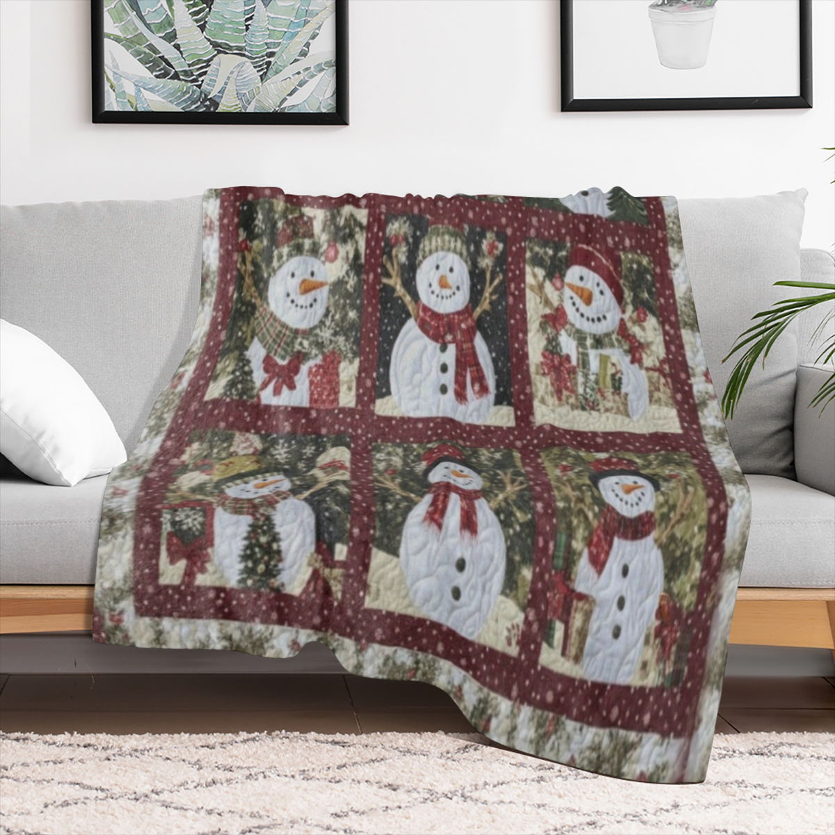 Cozy Flannel Christmas blanket with snowman print - soft and warm for sofas, beds, cars, offices and camping - all- season gift