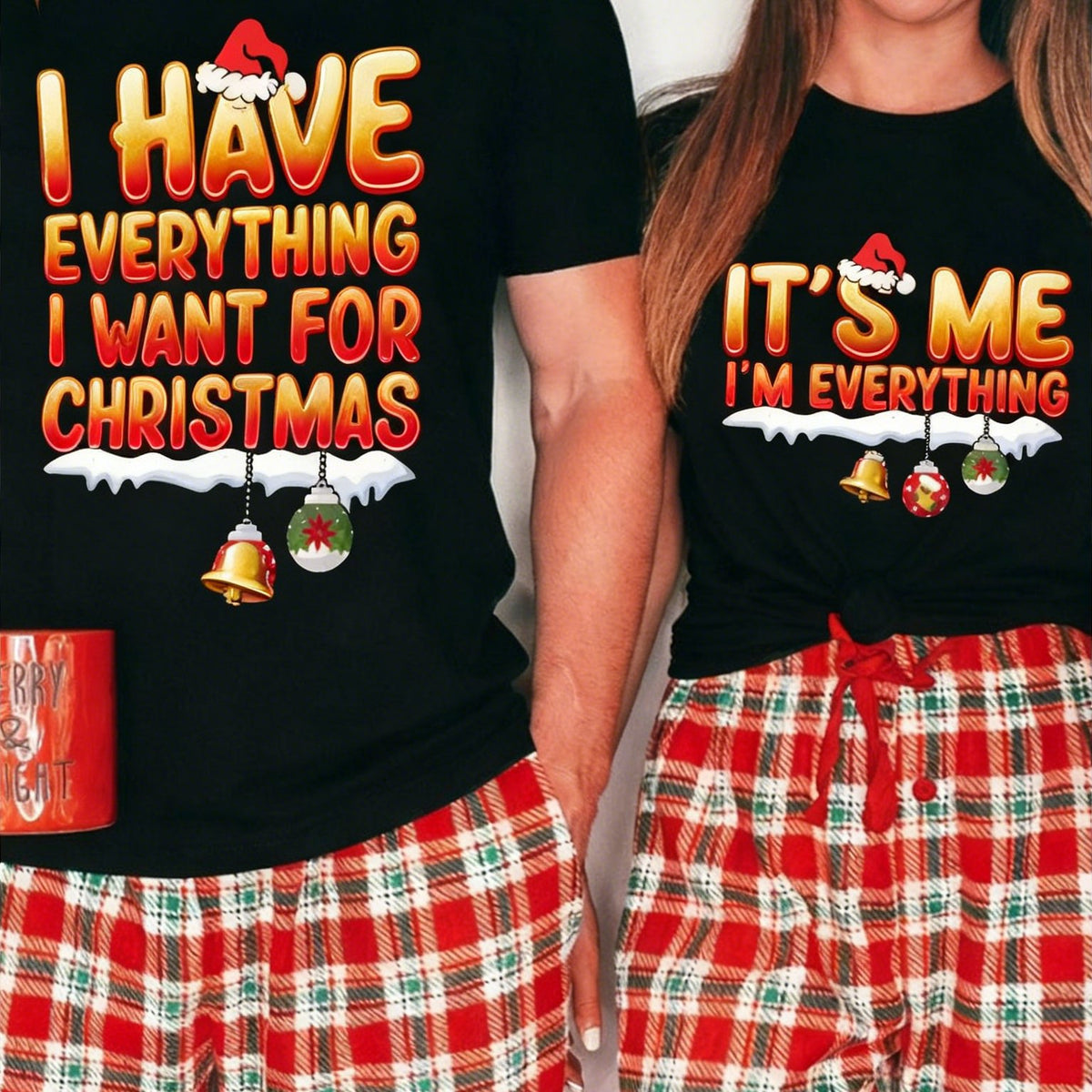 Funny Ugly Christmas Sweater Matching Couple T-Shirt | I Have All The Christmas Wishes I Want, It'S Me, I Am Everything, Casual Crew Neck, Short Sleeve, All-Season, Trendy, Plain, Best Gift for Men, Fashion, Street Style, Digital Heat Transfer.