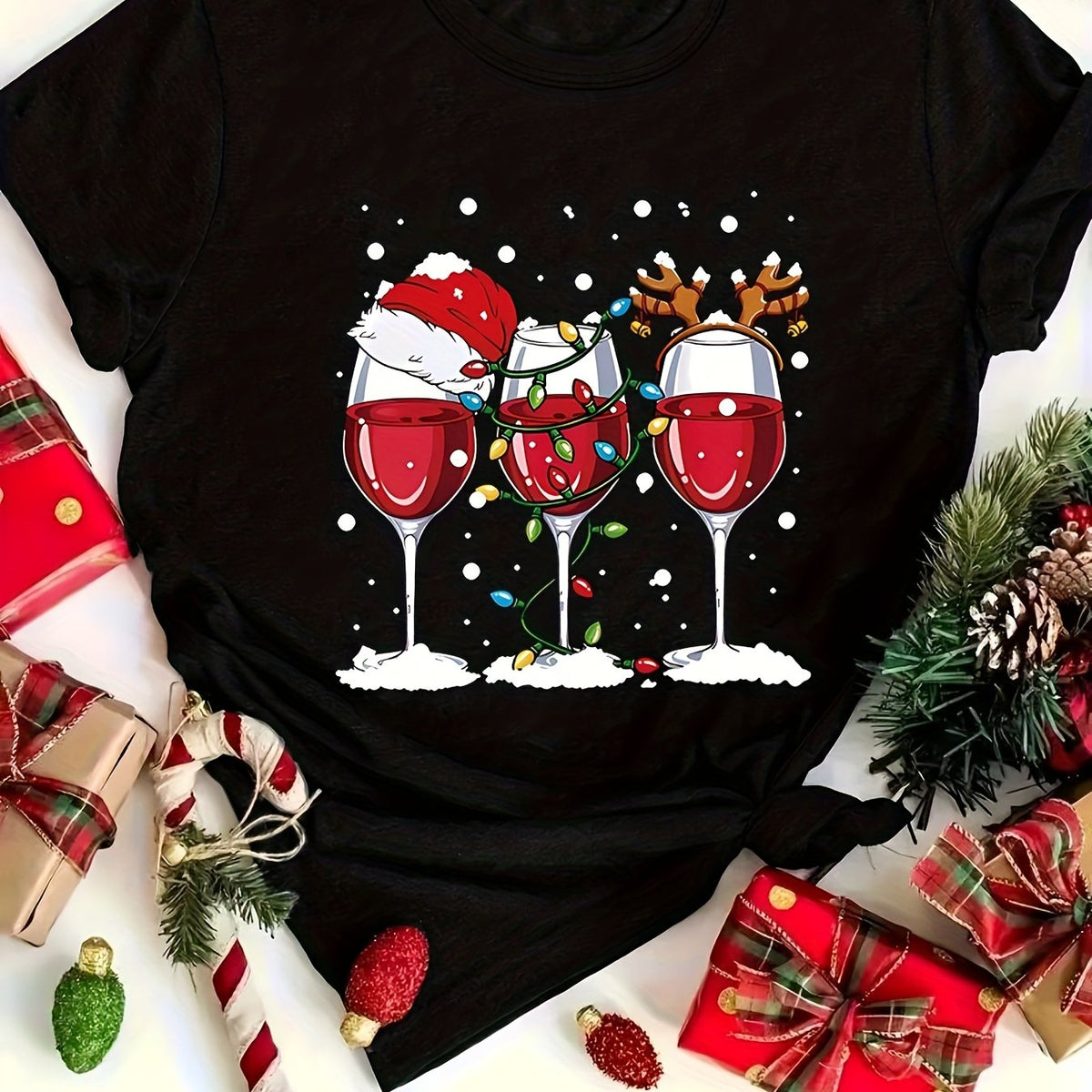 Christmas Wine Glass Print T-Shirt - Black Short Sleeve Casual Top with Santa, Candy Cane & Snowflake Wine Design, All-Season Round Neck Holiday Party Outfit, 220GSM Heavyweight (Best Gift Idea)