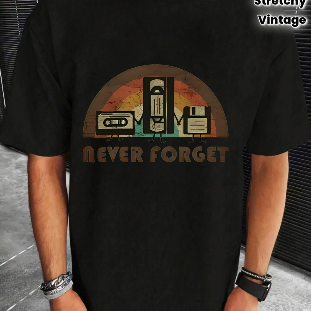 Men's Vintage 80s 90s - Cassette Tape & Floppy Disk Retro Computer Graphics, Soft Stretch Crew Neck Tee for Gym, Outdoor & Casual Wear - Nostalgia Lover's Apparel (Machine Washable) - High Quality Retro Shirts
