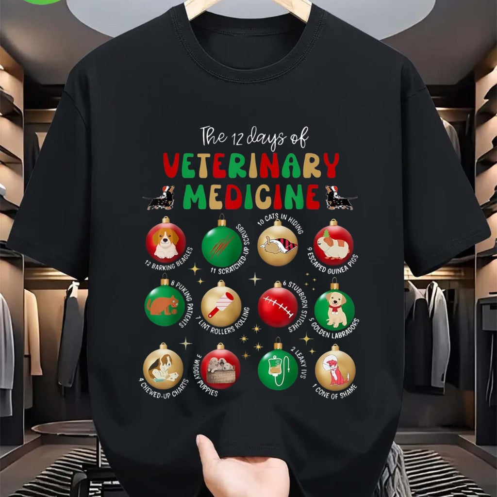 12 Days of Veterinary Medicine Vet Tech Christmas T-Shirt for Men & Women - 100% Cotton Casual Fit S-XXL, Vet-Themed 12 Days Countdown with Surgery, Radiology, Anesthesia Icons - Funny Gift for Veterinarians, Vet Techs, Animal Lovers