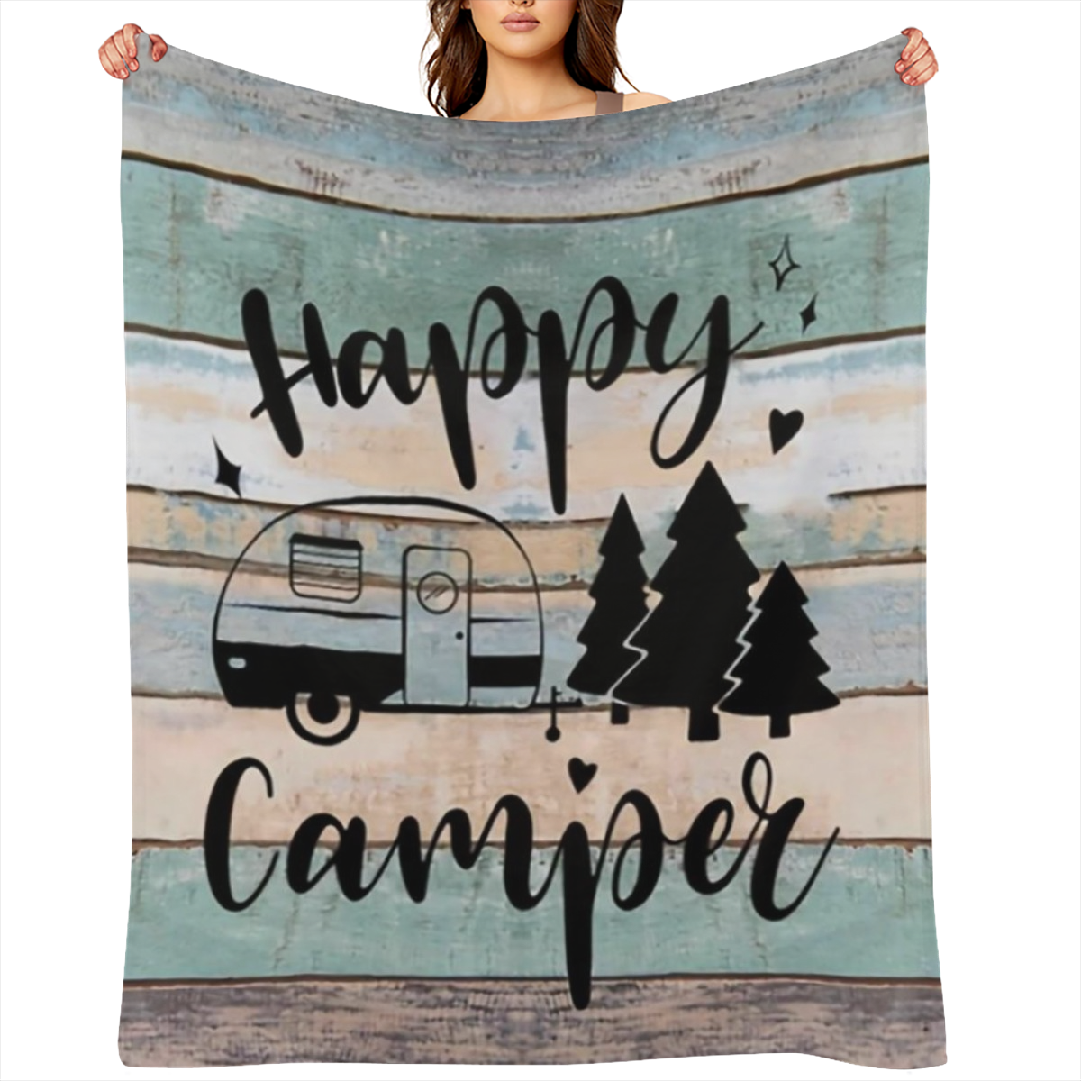Cozy Flannel Throw Blanket Featuring a Happy Camper Design, Machine Washable, Crafted with Quilted Details, Digitally Printed, Versatile for All Seasons, Made of Polyester, Perfect for Use on Sofas An