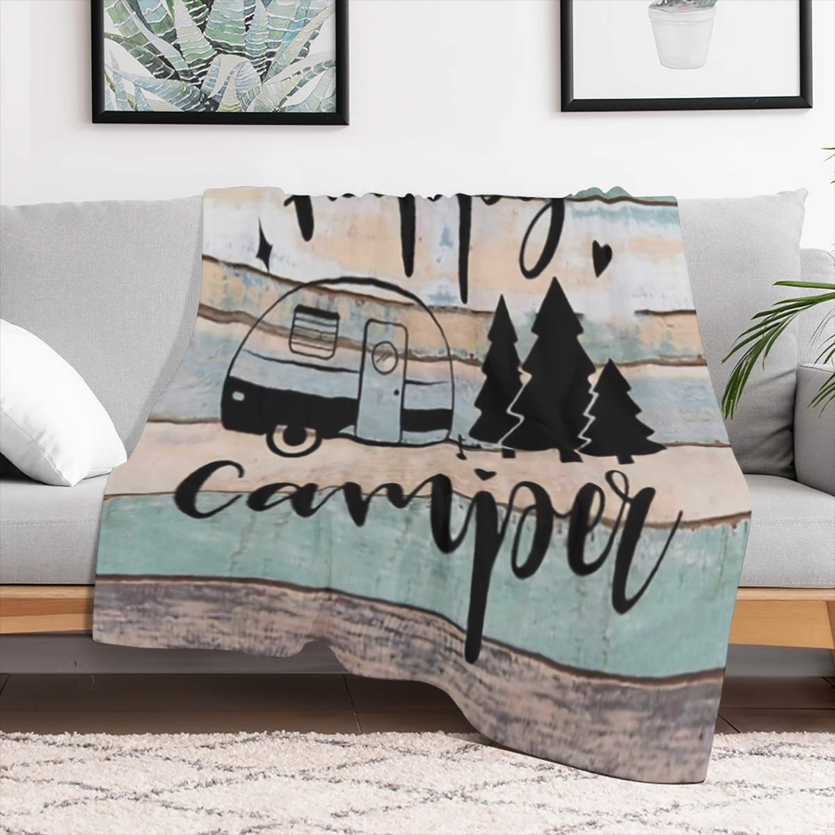 Cozy Flannel Throw Blanket Featuring a Happy Camper Design, Machine Washable, Crafted with Quilted Details, Digitally Printed, Versatile for All Seasons, Made of Polyester, Perfect for Use on Sofas An