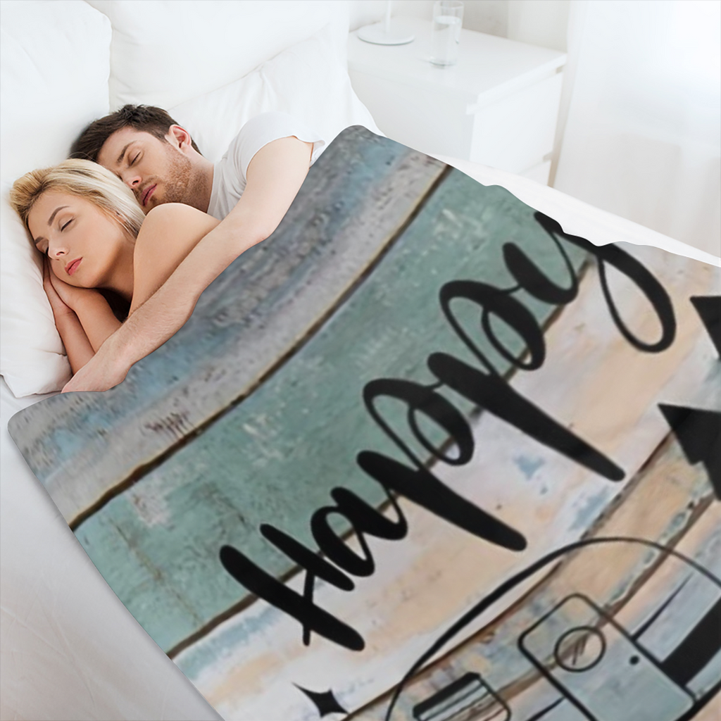 Cozy Flannel Throw Blanket Featuring a Happy Camper Design, Machine Washable, Crafted with Quilted Details, Digitally Printed, Versatile for All Seasons, Made of Polyester, Perfect for Use on Sofas An