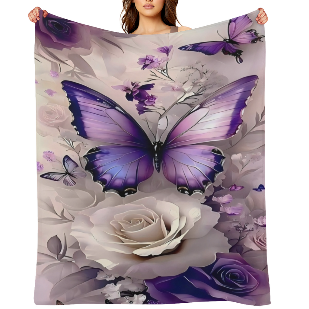 Contemporary Purple Flannel Blanket, Luxurious Gradient Floral Print, Digital Quilting Polyester, 200- 250 g, Tear Resistant, Stain Resistant, Soft and Warm, with Multipurpose Use, Perfect for Bedroom