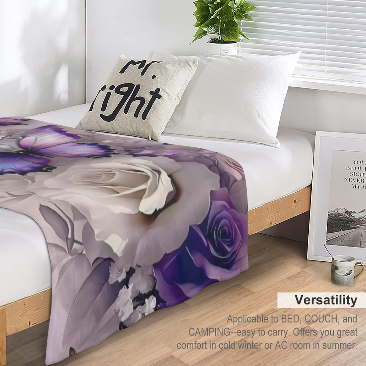 Contemporary Purple Flannel Blanket, Luxurious Gradient Floral Print, Digital Quilting Polyester, 200- 250 g, Tear Resistant, Stain Resistant, Soft and Warm, with Multipurpose Use, Perfect for Bedroom
