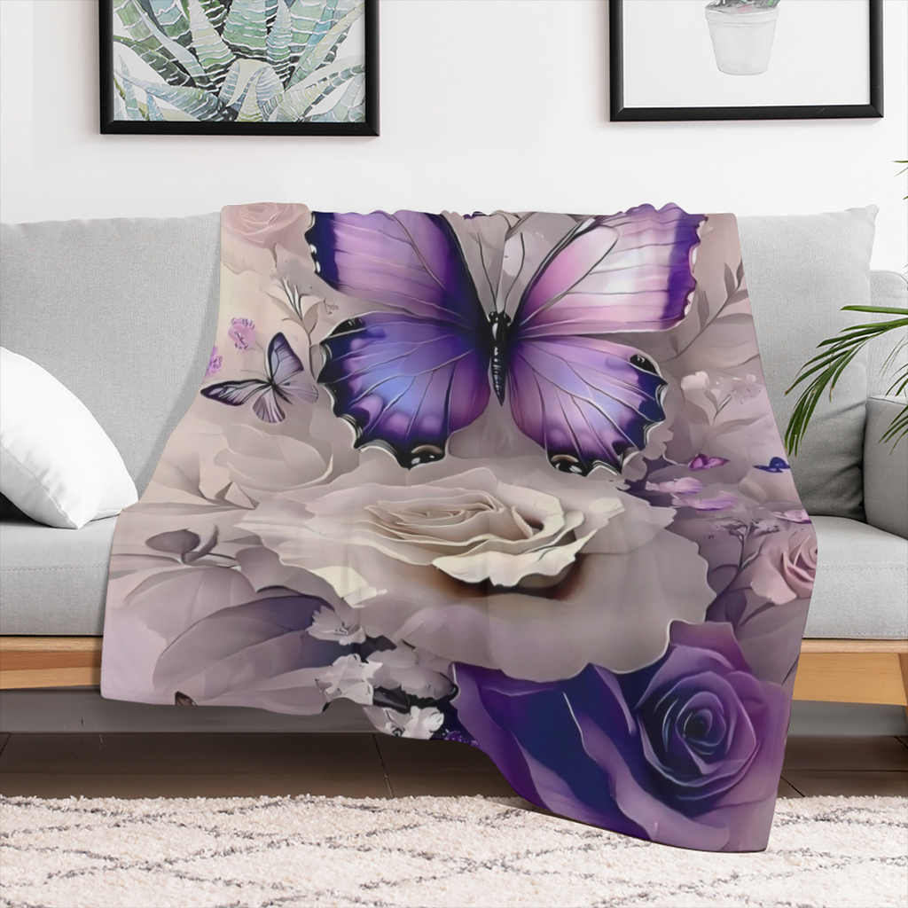 Contemporary Purple Flannel Blanket, Luxurious Gradient Floral Print, Digital Quilting Polyester, 200- 250 g, Tear Resistant, Stain Resistant, Soft and Warm, with Multipurpose Use, Perfect for Bedroom