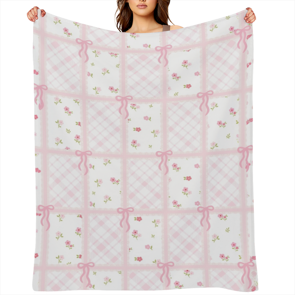 1pc Cute Pink Plaid Ribbon Bow & Flower Print Flannel Blanket - Versatile for Office, Outdoor Camping, and Travel - Ideal for Sleeping, Reading, Relaxation