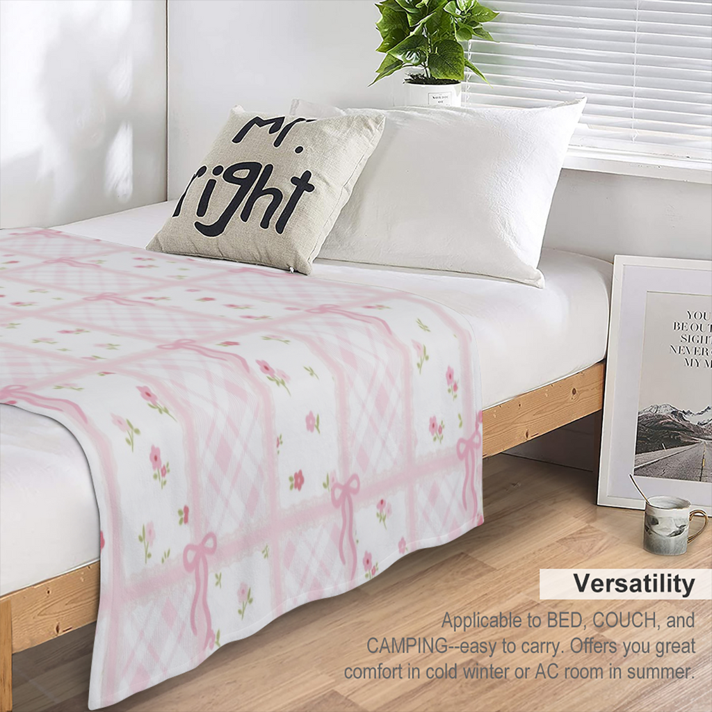 1pc Cute Pink Plaid Ribbon Bow & Flower Print Flannel Blanket - Versatile for Office, Outdoor Camping, and Travel - Ideal for Sleeping, Reading, Relaxation