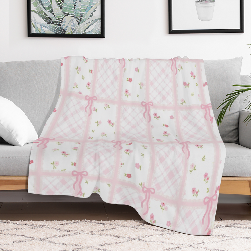 1pc Cute Pink Plaid Ribbon Bow & Flower Print Flannel Blanket - Versatile for Office, Outdoor Camping, and Travel - Ideal for Sleeping, Reading, Relaxation
