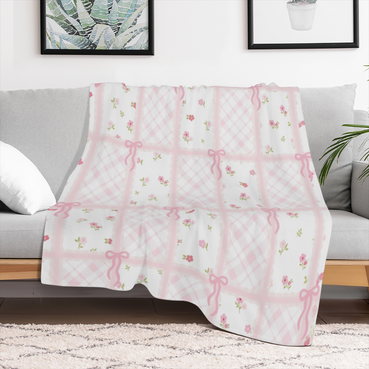1pc Cute Pink Plaid Ribbon Bow & Flower Print Flannel Blanket - Versatile for Office, Outdoor Camping, and Travel - Ideal for Sleeping, Reading, Relaxation