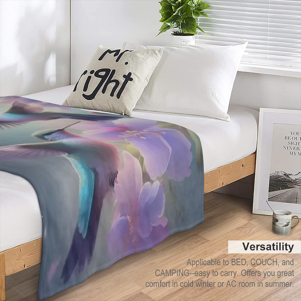 1pc Charming Hummingbird Fleece Throw Blanket Soft Cozy Comfort Vibrant Floral Print Home Decor