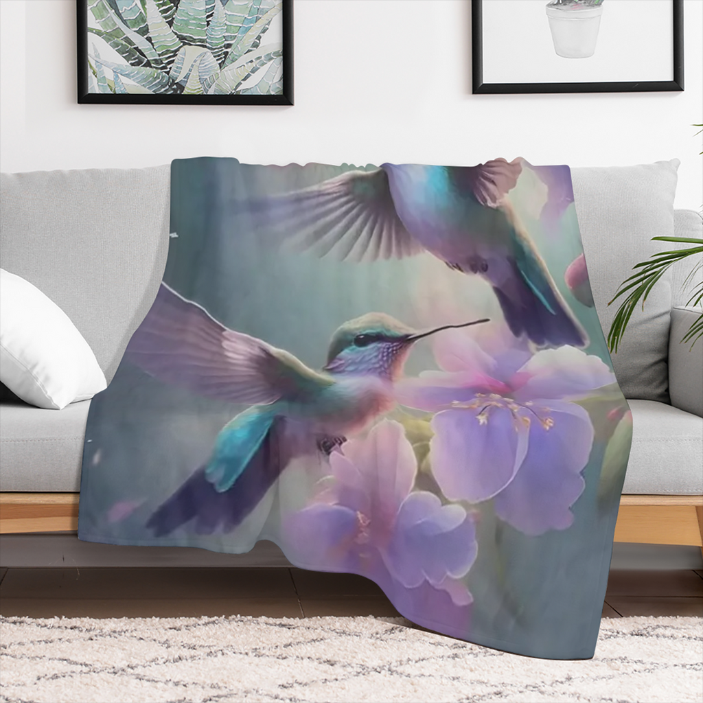 1pc Charming Hummingbird Fleece Throw Blanket Soft Cozy Comfort Vibrant Floral Print Home Decor