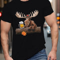 T-shirt décontracté pour homme à col rond | Imprimé cerf de dessin animé et bière, 100%, légèrement extensible, coupe régulière, manches courtes d'été, 180g